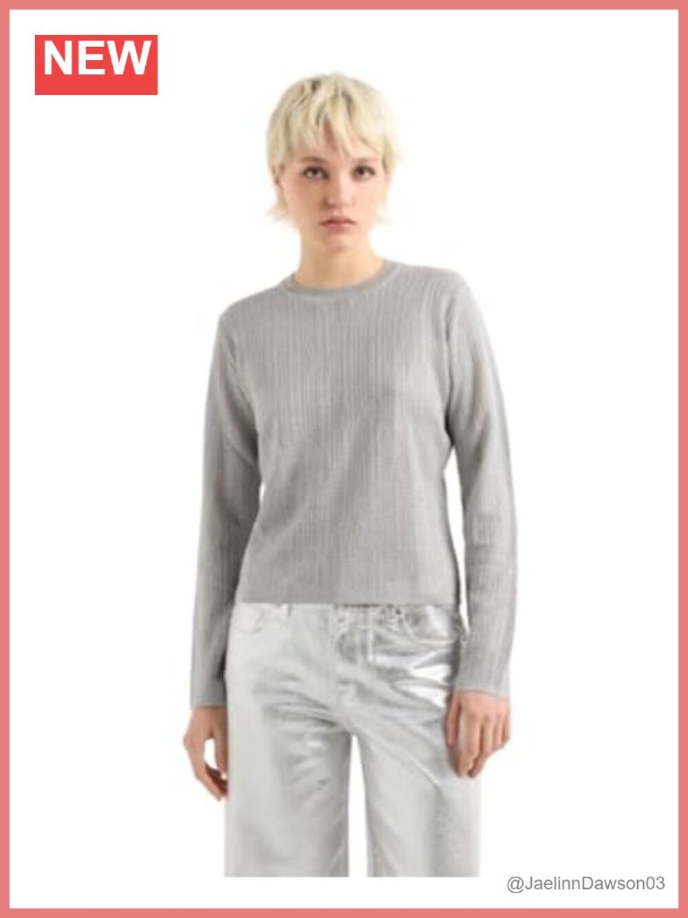 Metallic Knit Crewneck Pullover Sweater Slim Fit Long Sleeve